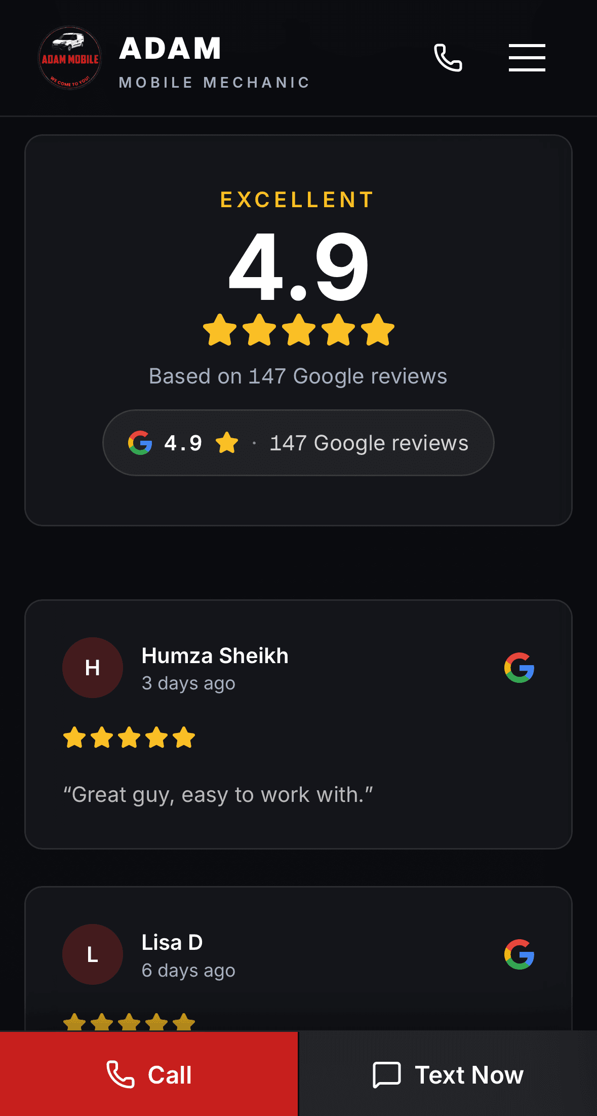 The reviews page on a phone: 4.9 stars from 147 Google reviews, two review cards, and the fixed Call and Text Now bar across the bottom.