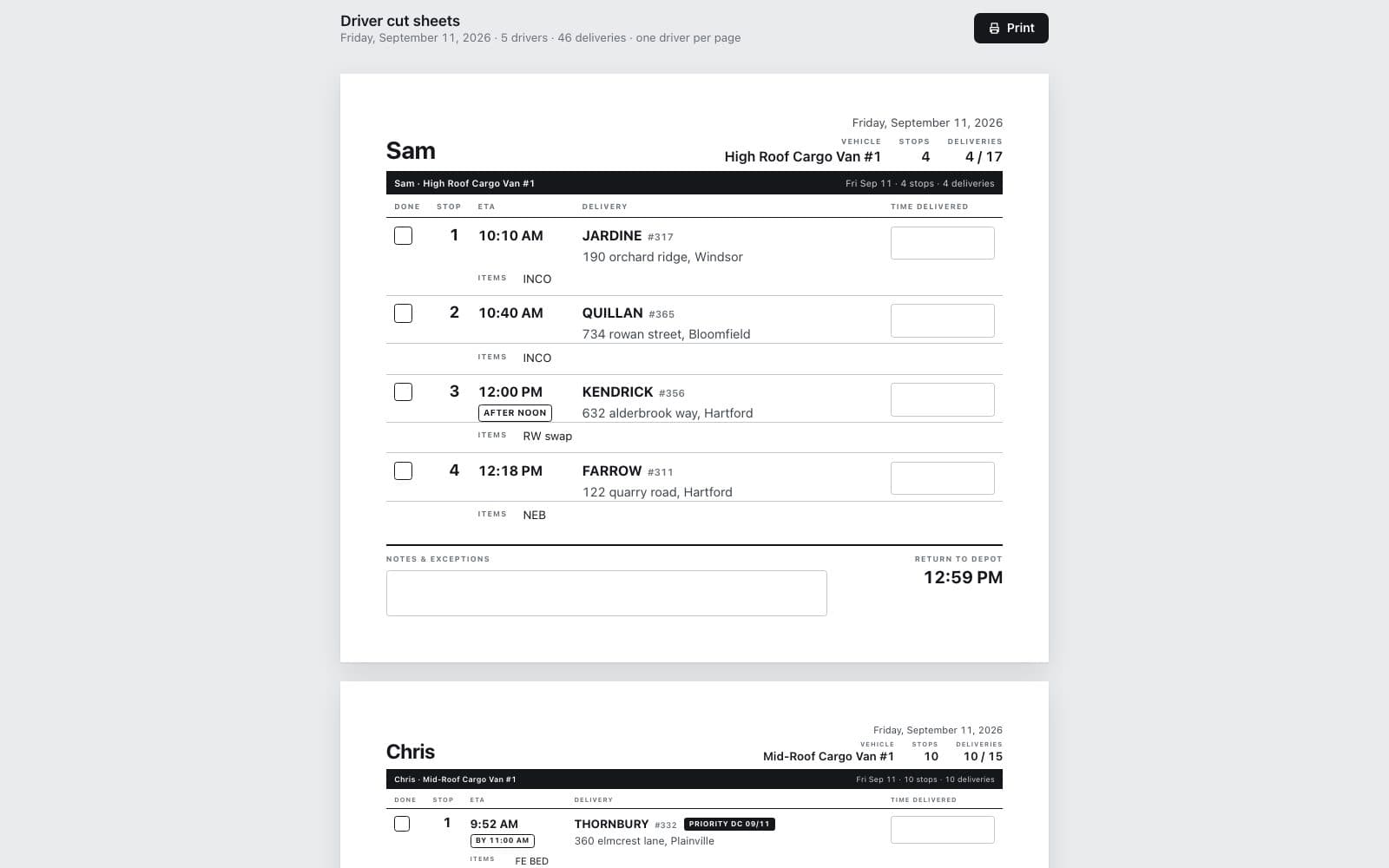 A driver cut sheet: one page per driver, with stop order, ETA, items, a DONE checkbox and an empty box to write in the time delivered.
