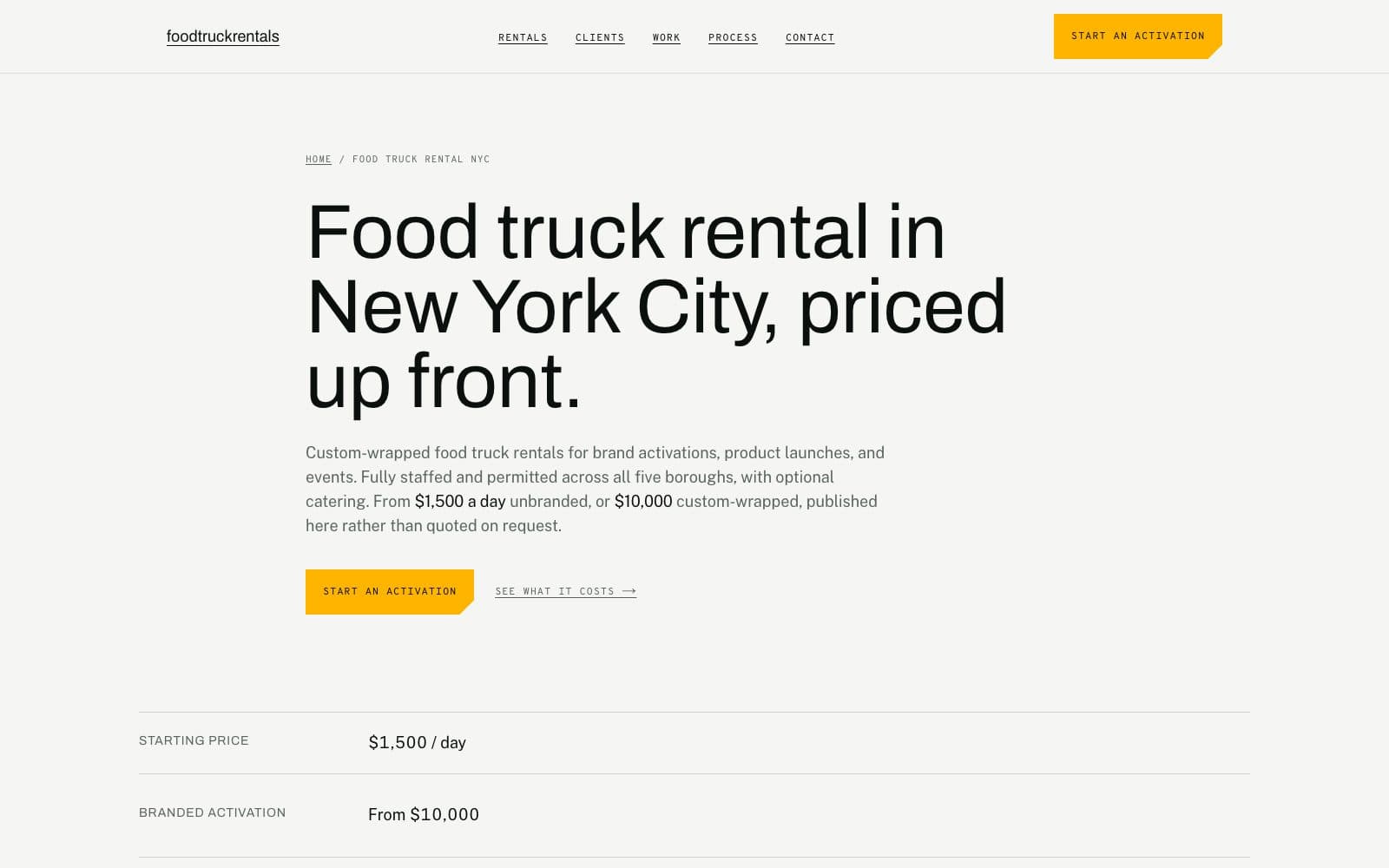 The NYC rental page, the one route allowed to own the New York query: the breadcrumb Food truck rental NYC, the headline Food truck rental in New York City, priced up front, a lead that publishes $1,500 a day unbranded and $10,000 custom-wrapped, and the top of the facts ledger.