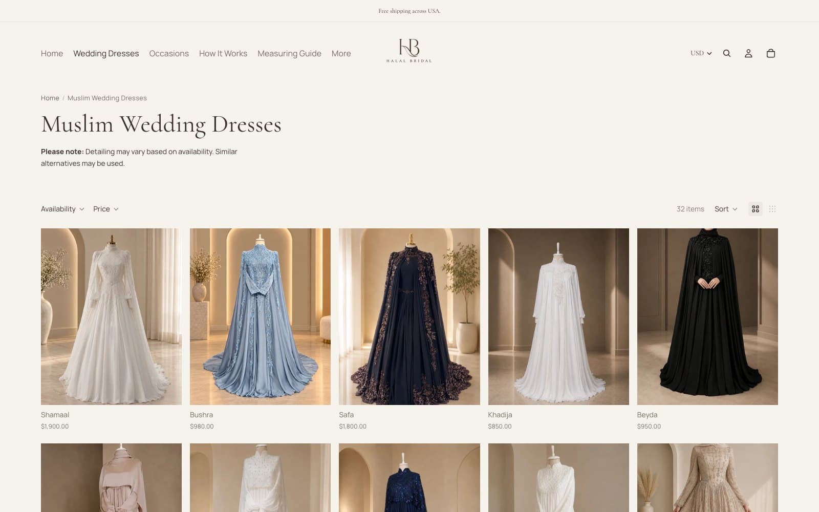 The Muslim Wedding Dresses collection: a breadcrumb trail reading Home, Muslim Wedding Dresses, the collection name, availability and price filters, a count of 32 items, and a row of five gowns on dress forms, Shamaal, Bushra, Safa, Khadija and Beyda, each with its price.