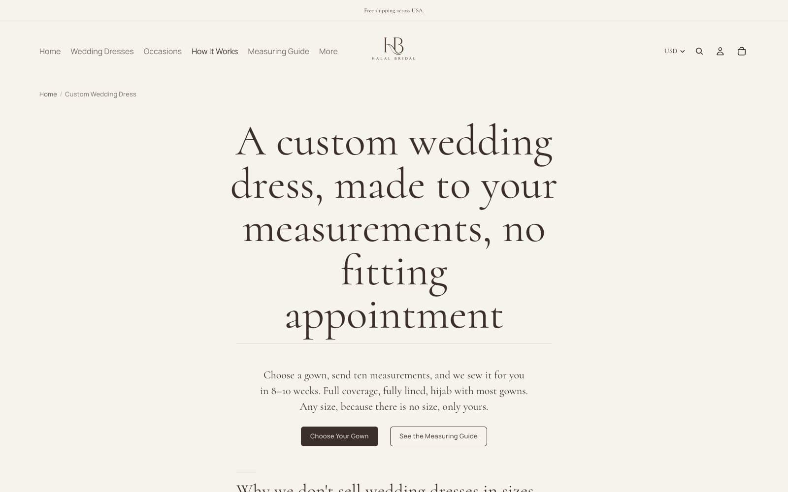 The custom wedding dress page: a breadcrumb reading Home, Custom Wedding Dress, the headline A custom wedding dress, made to your measurements, no fitting appointment, a short lead about sending ten measurements, and two buttons, Choose Your Gown and See the Measuring Guide.