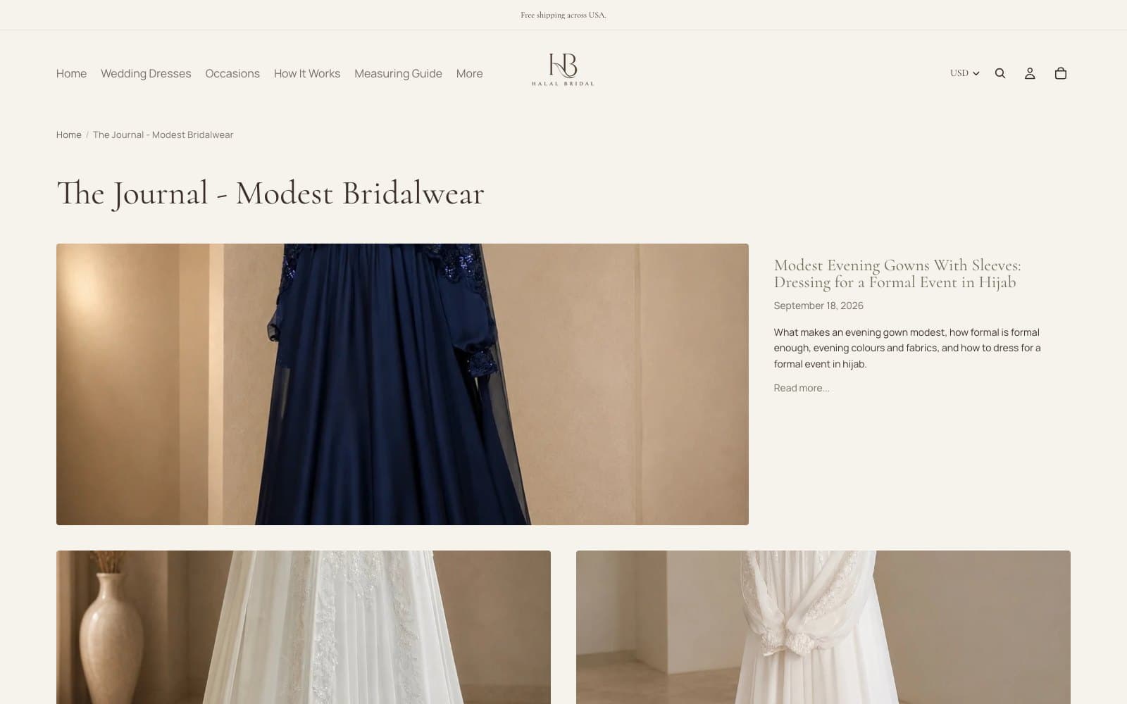 The journal index, The Journal - Modest Bridalwear, with a breadcrumb trail and a featured post, Modest Evening Gowns With Sleeves: Dressing for a Formal Event in Hijab, dated September 18, 2026.
