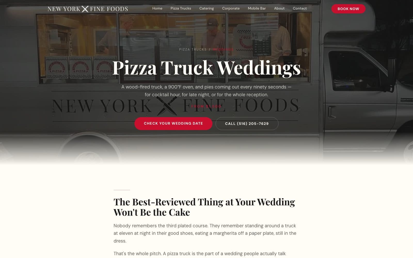 The Pizza Truck Weddings page: a breadcrumb back to Pizza Trucks, the headline, the line From $1,500, a Check Your Wedding Date button, and below the hero the section The Best-Reviewed Thing at Your Wedding Won't Be the Cake.