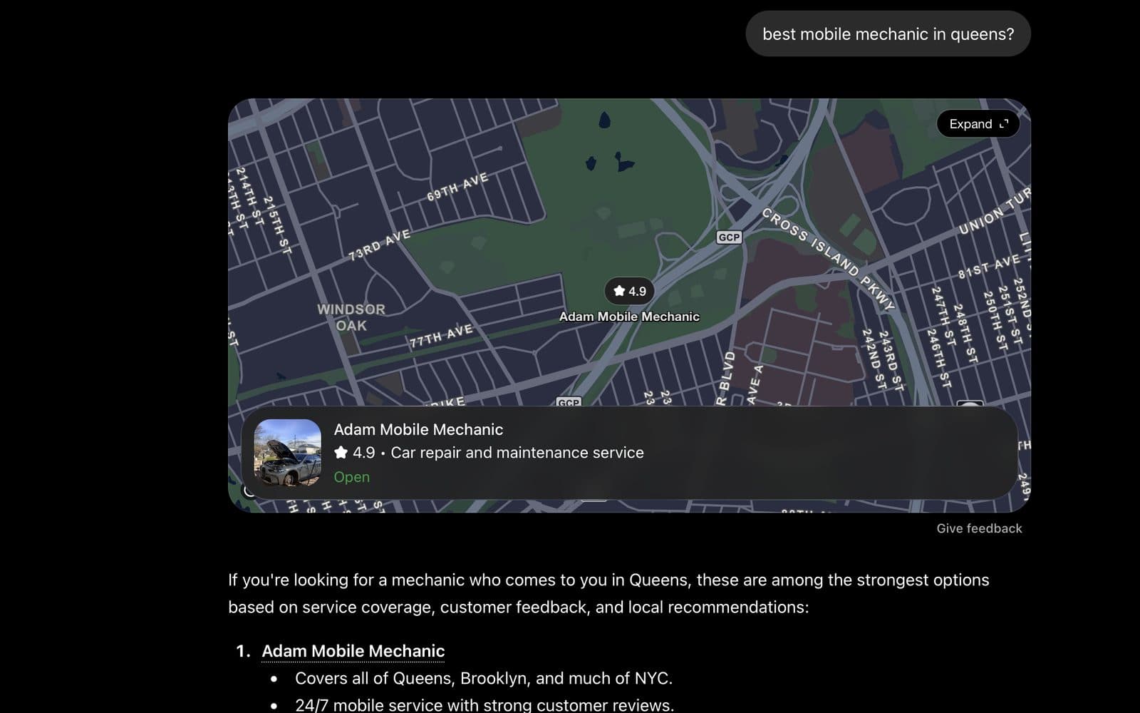 ChatGPT on 7 August 2026, asked for the best mobile mechanic in Queens: the map card at 4.9 and the business listed first in the answer.