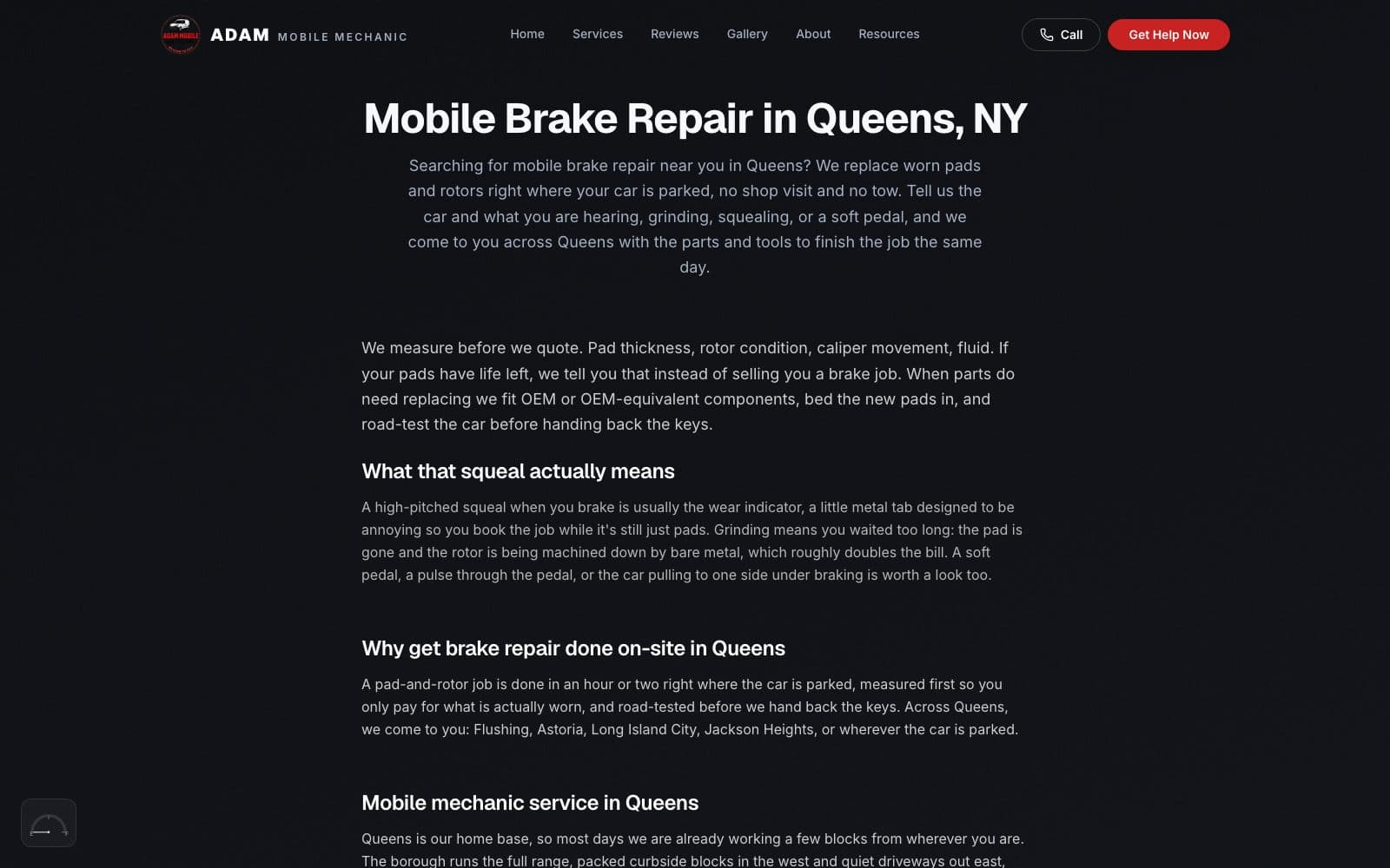 The Queens brake-repair page: the headline Mobile Brake Repair in Queens, NY, the service's near-me intro, its description, and two sections written for Queens.