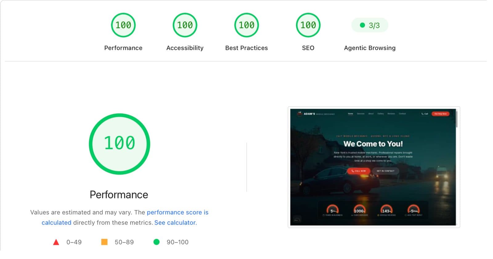 A Lighthouse report from 9 July 2026: 100 for Performance, Accessibility, Best Practices and SEO, 3/3 for Agentic Browsing, beside a thumbnail of the home page as it looked that day.