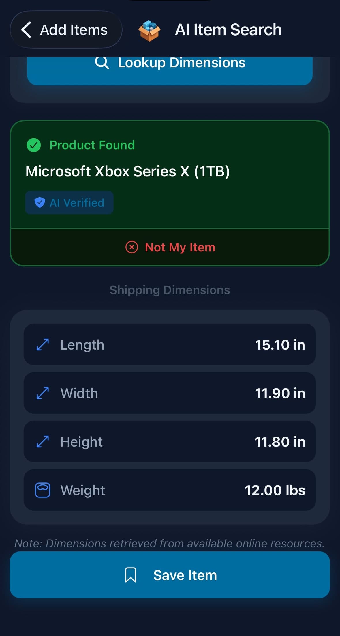 The AI Item Search result: Product Found, Microsoft Xbox Series X (1TB), an AI Verified badge, length 15.10, width 11.90, height 11.80 inches, weight 12 pounds, and a Save Item button.