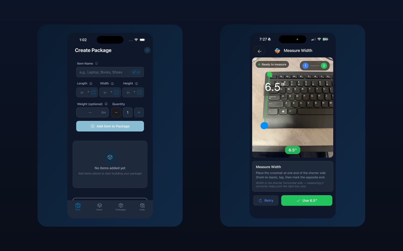 Two PackShip screens: the Create Package form with an AI chip on the item name field and a scan icon beside each dimension, and the AR Measure Width screen showing a 6.5 inch width measured across a keyboard with a Use 6.5 inch button.
