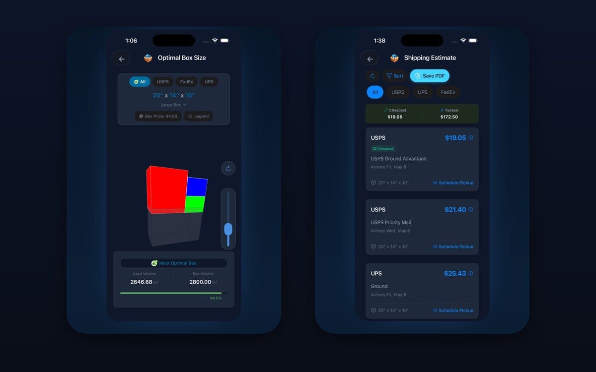 The PackShip parcel-sizing app on iOS
