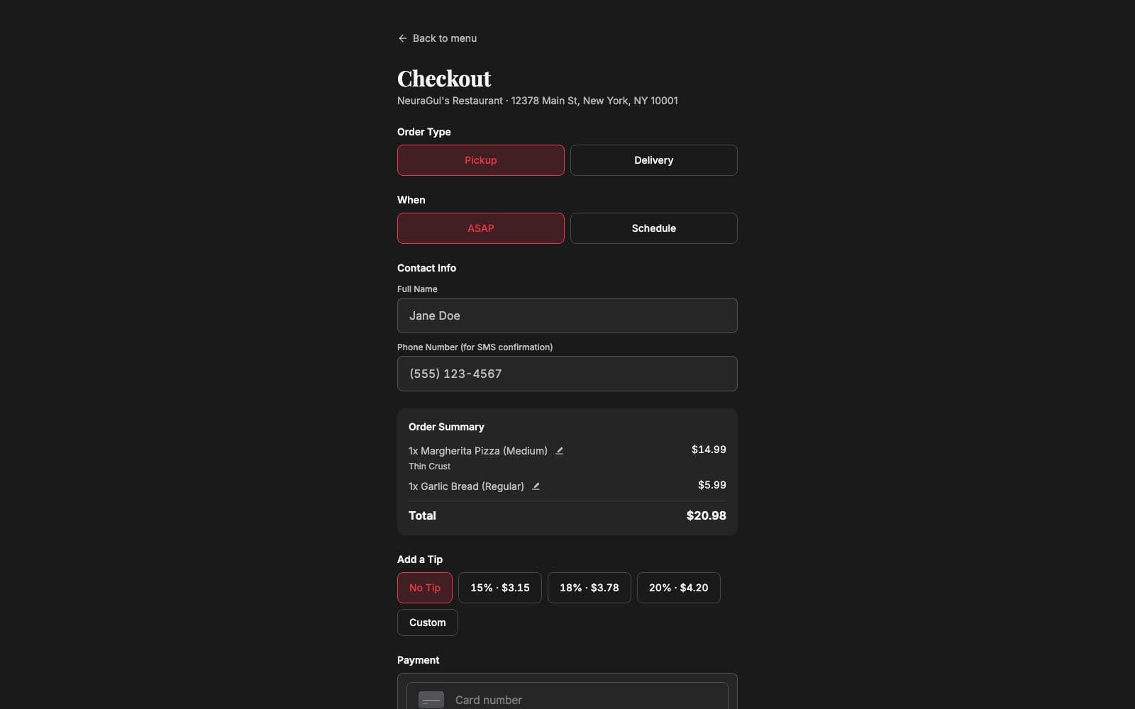 The checkout: pickup or delivery, ASAP or a scheduled slot, contact details, an order summary of a Medium Margherita and garlic bread, a tip row, and the Square card field.
