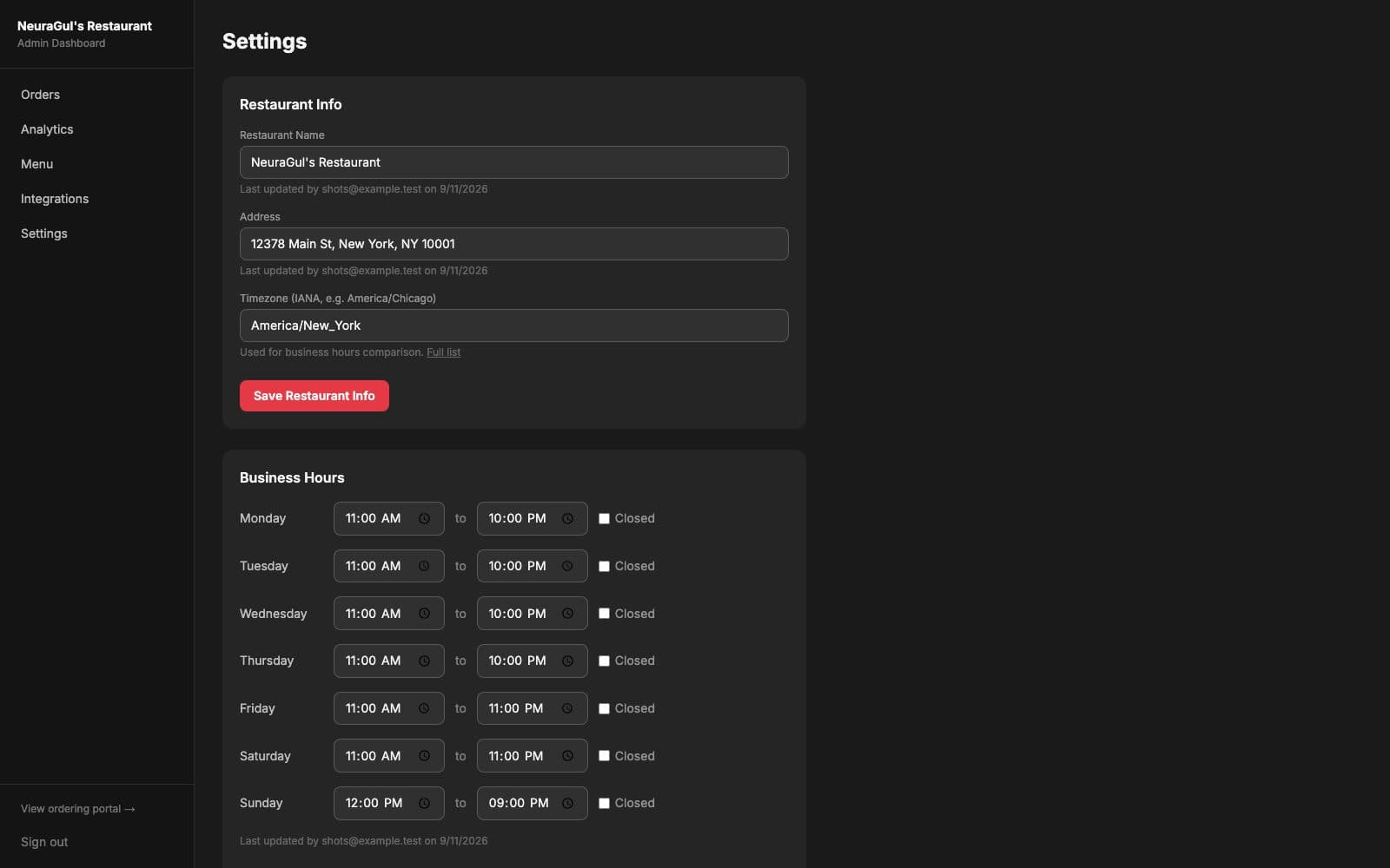 The admin Settings page: restaurant name and address fields each marked 'Last updated by' an admin and a date, a timezone field, and a business-hours editor for every day of the week.