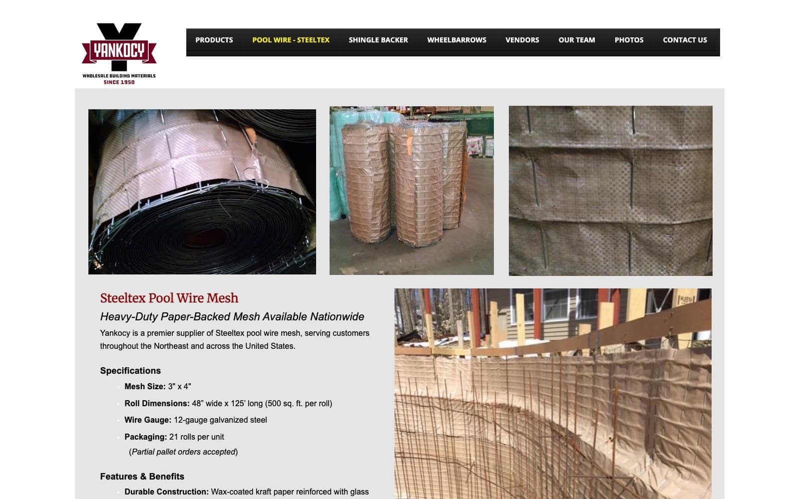 The old Steeltex page on the GoDaddy site: a dark tab navigation bar, three photos of wire rolls, the title Steeltex Pool Wire Mesh, and the specifications as a bulleted list beside a photo of a pool under construction.