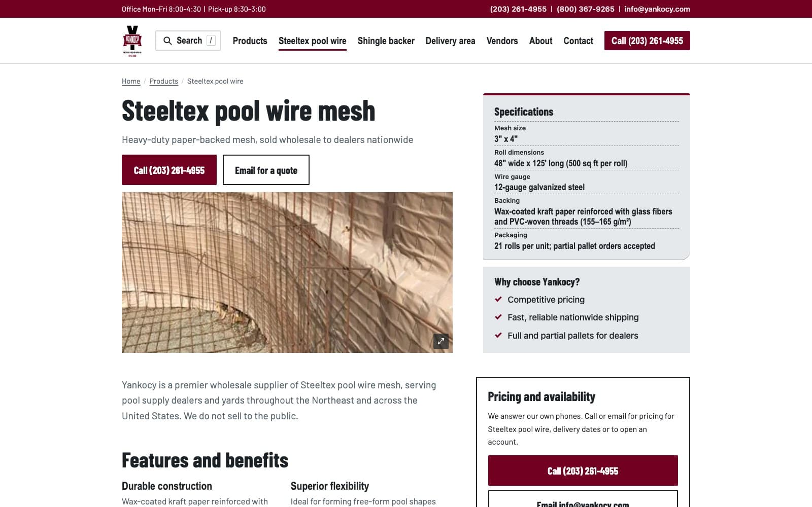 The new Steeltex page: a maroon bar with office hours and phone numbers, a header with search and a Call button, the headline Steeltex pool wire mesh, the line Heavy-duty paper-backed mesh, sold wholesale to dealers nationwide, Call and Email for a quote buttons, a photo of the mesh, and a specifications panel listing mesh size, roll dimensions, wire gauge, backing and packaging.