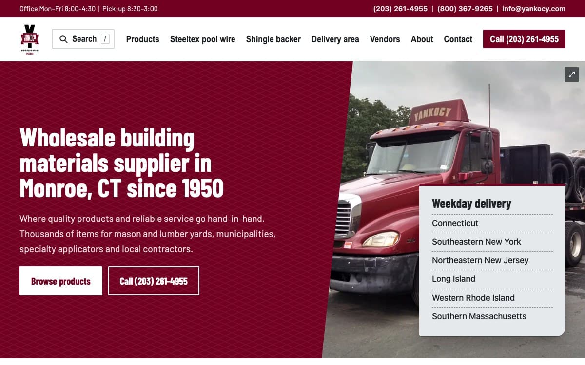 The rebuilt Yankocy wholesale building materials home page