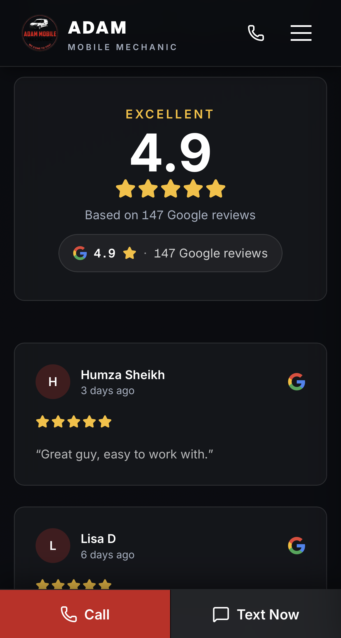 New York Mobile Mechanic — mobile view with sticky call-to-book button and live Google reviews