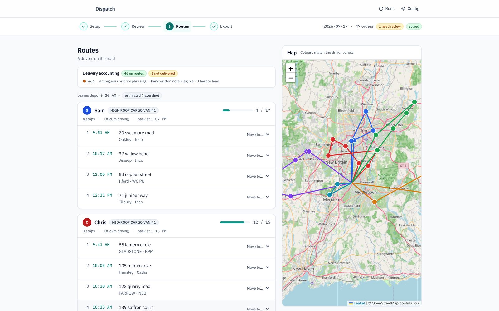 Solved routes — six drivers, colour-matched to the map, with any stop movable between them.