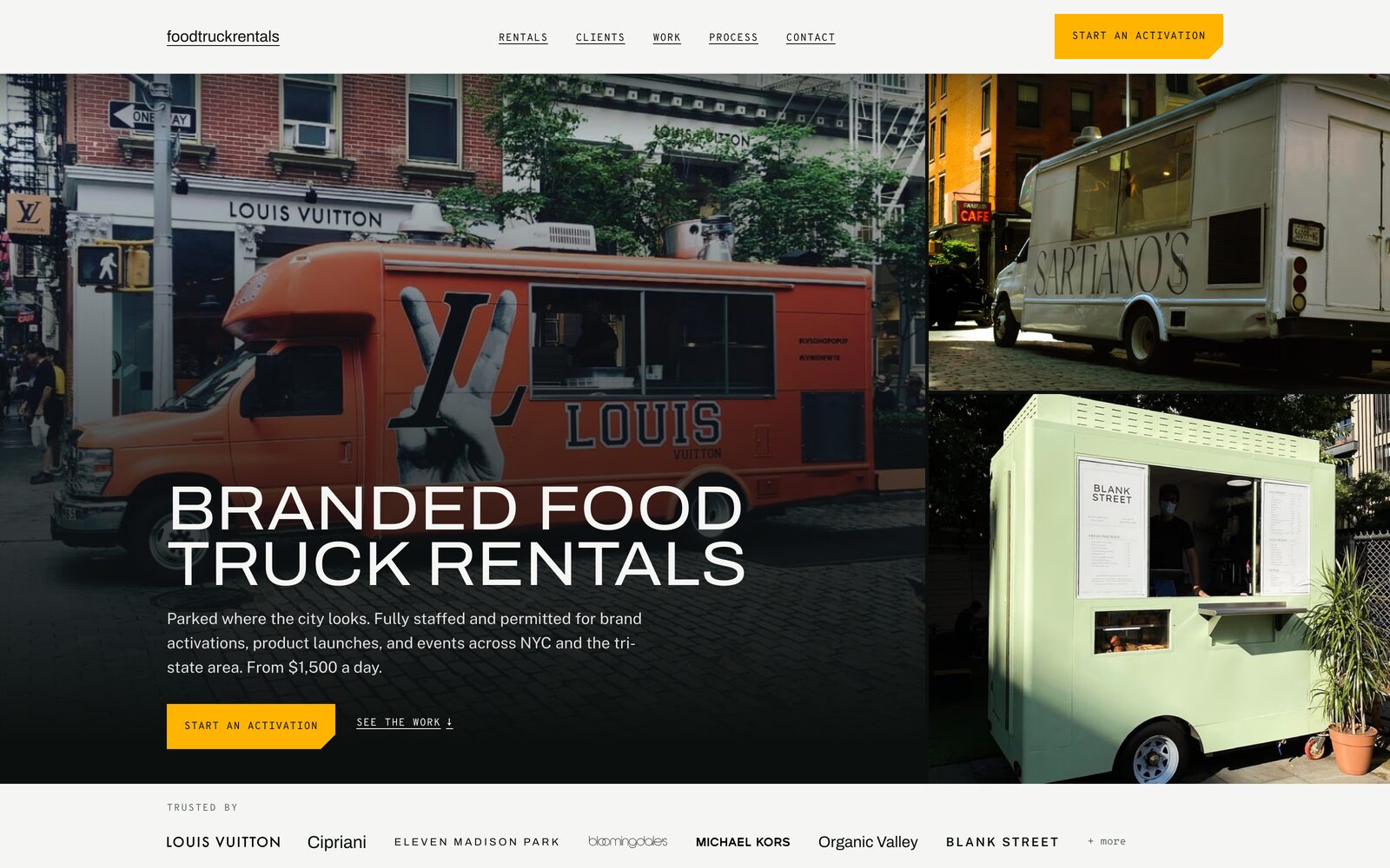 Home page — the activation hero, with the roster of wrapped trucks alongside.