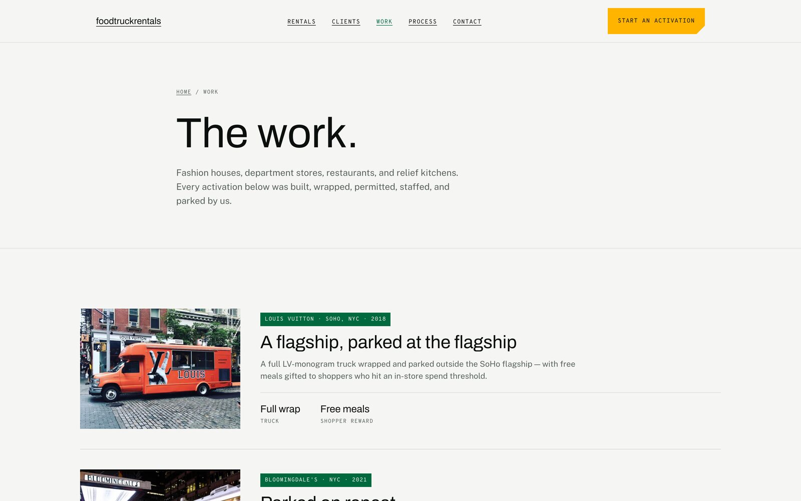 The work index — every activation, with the client, the borough, and the year.